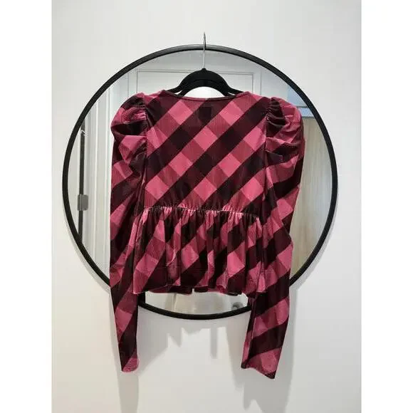 Maeve Plaid Velvet Babydoll Top in Pink Plaid Size Small - Picture 3 of 6